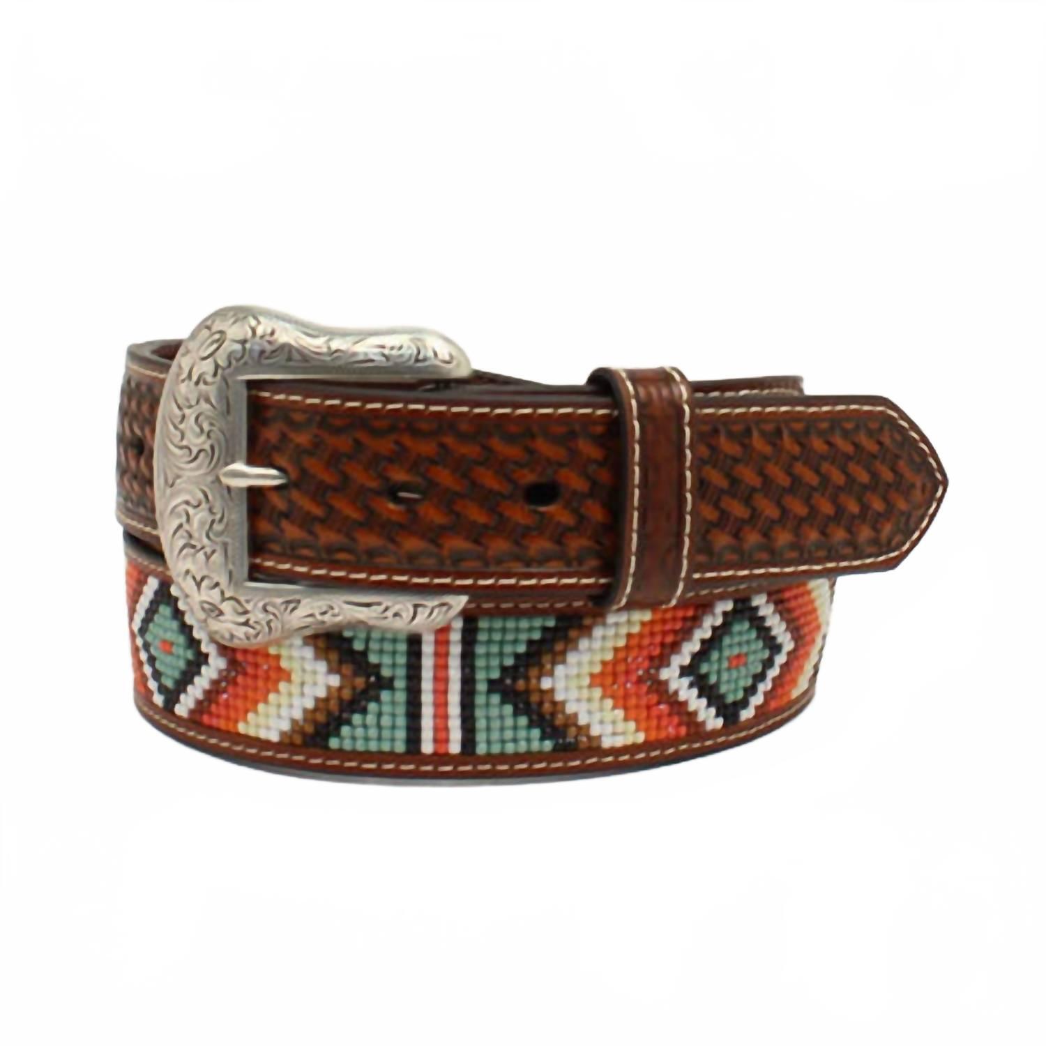 New Nocona Belt Co. Unisex Leather Southwestern Beaded Belt In Brown